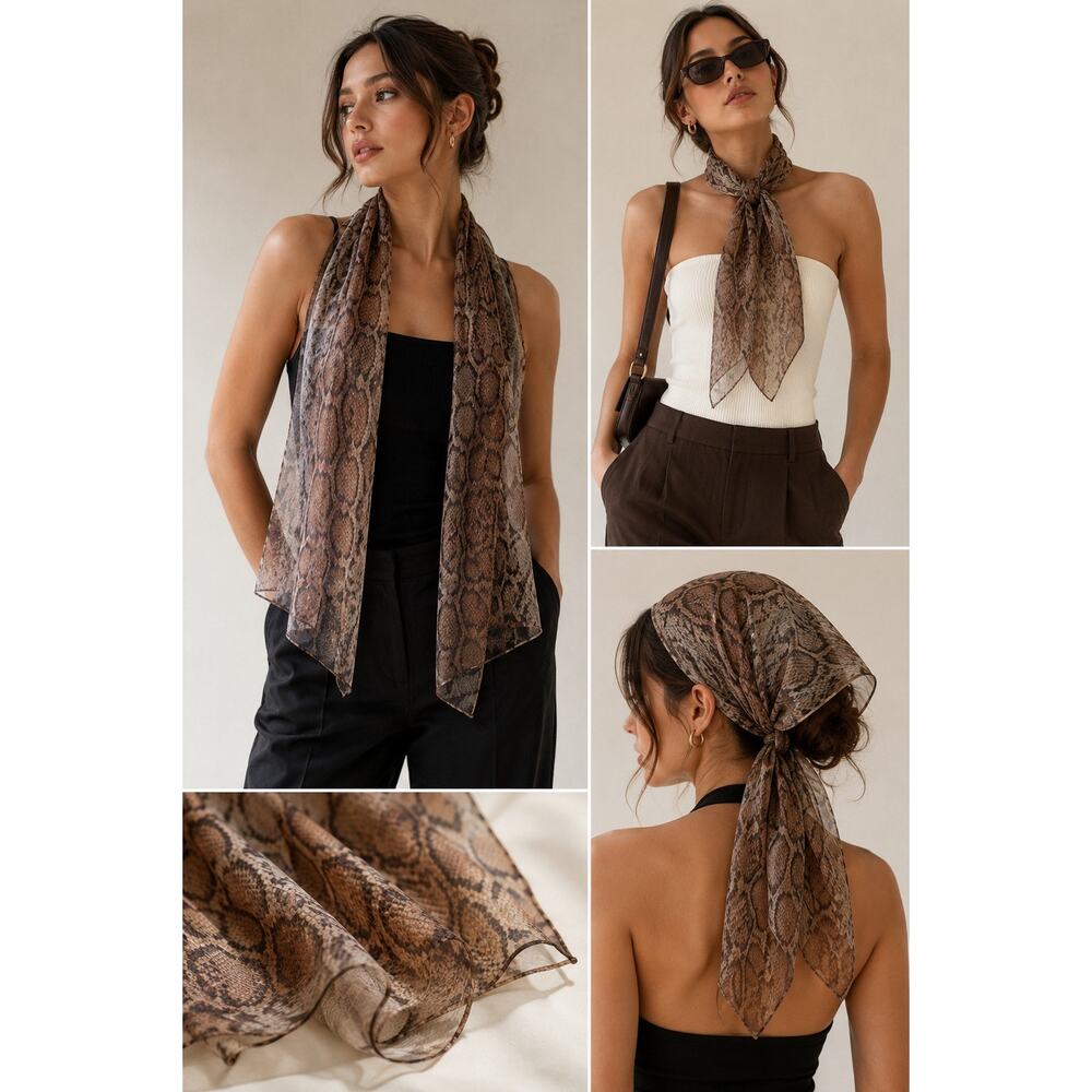 VTG Sheer Chiffon Snakeskin Scarf Neutral Brown Indie Sleaze Y2K Lightweight